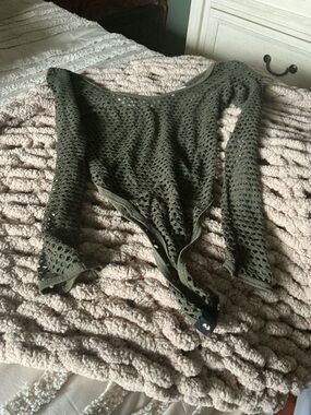 Source Unknown Olive Green Eyelet Mesh Long Sleeve Bodysuit